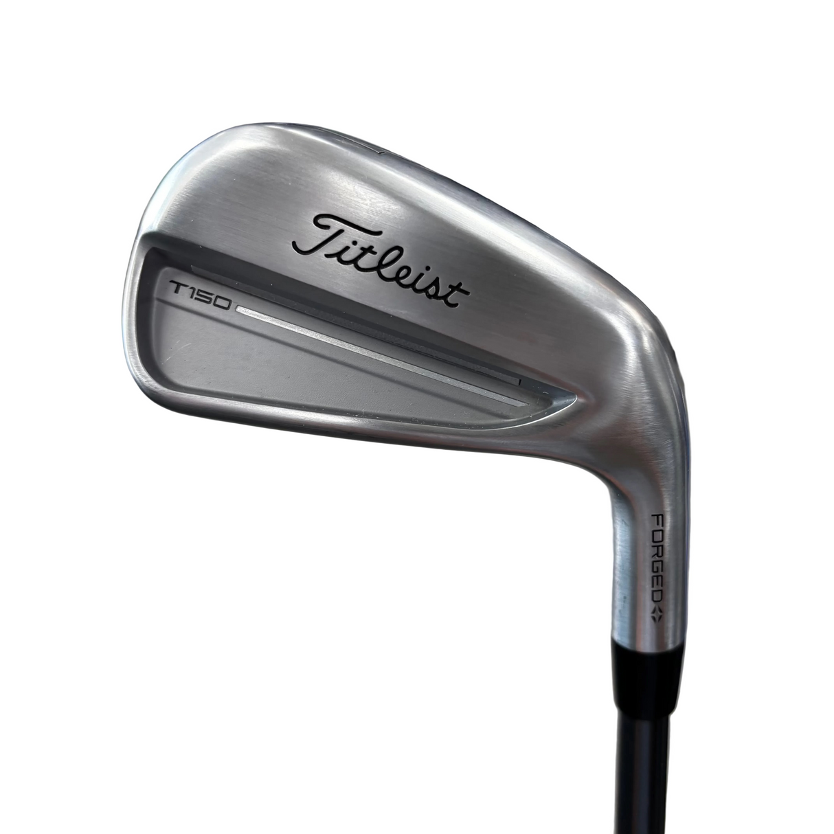 A close-up shot of a Titleist T150 Forged 9 iron golf club head, showing the silver metal blade and black Titleist logo, with a blurred indoor background.