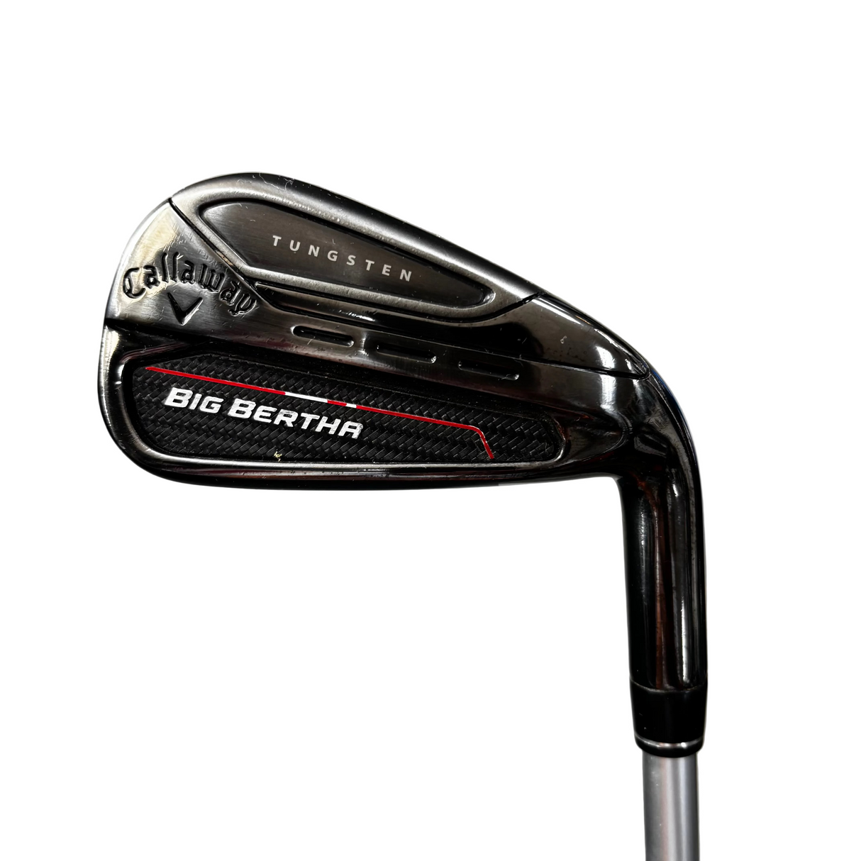 A Callaway Big Bertha B2.0 tungsten golf iron club head shown in a close-up shot, featuring a polished black finish with a carbon fiber pattern and red accent line on the sole.