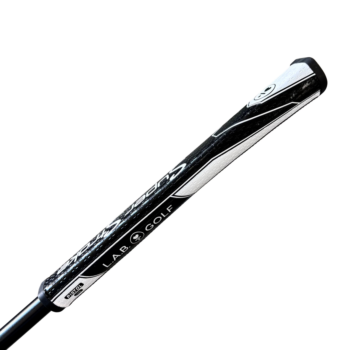 Golf club shaft with 'LAB. GOLF' branding on a concrete surface.