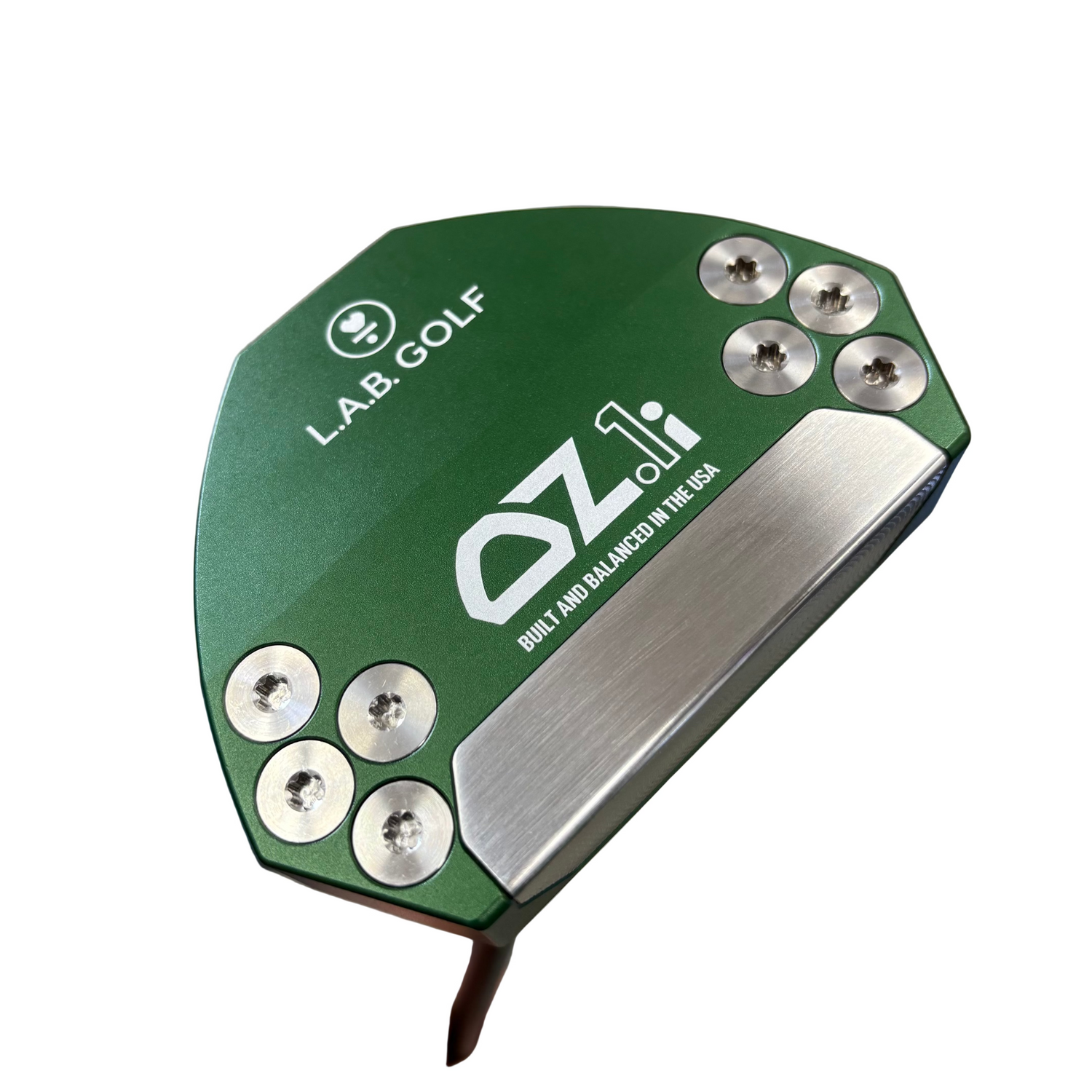 Close-up of a golf putter head with L.A.B. Golf and OZ11 branding on a gray background.