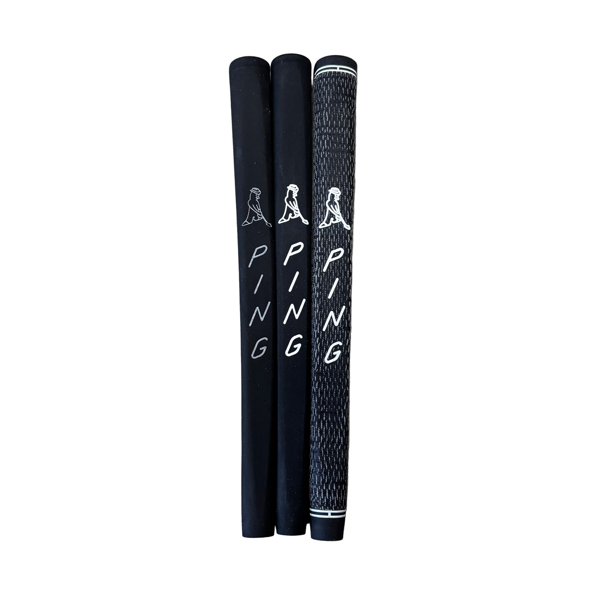 Three black golf club grips with 'PING' branding on a white background