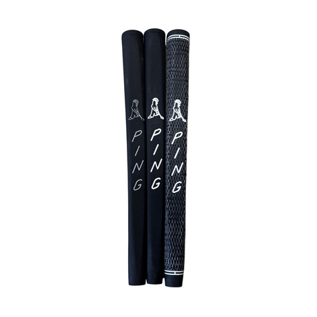 Three black golf club grips with 'PING' branding on a white background