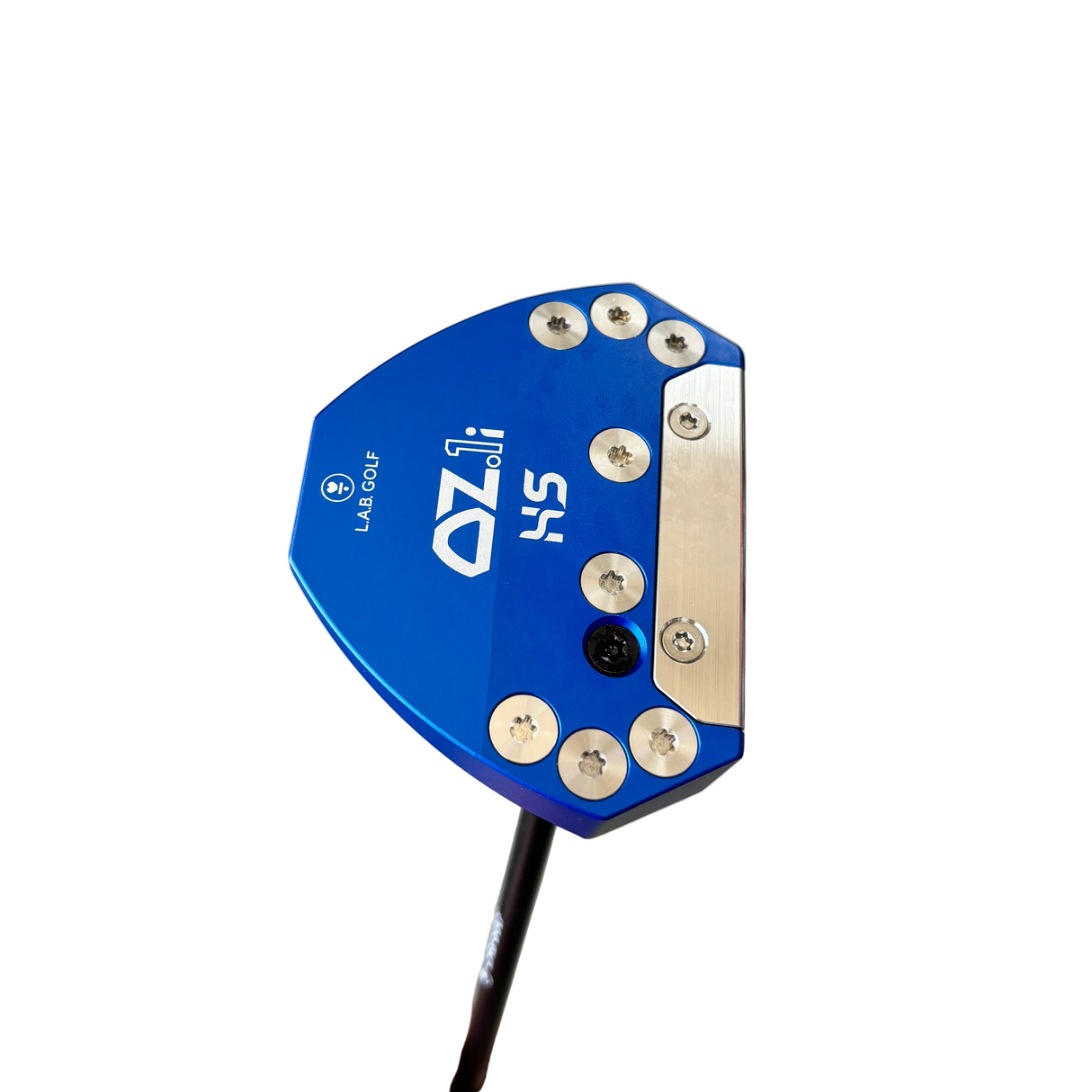 Blue golf putter head with L4 Golf branding on a concrete surface.