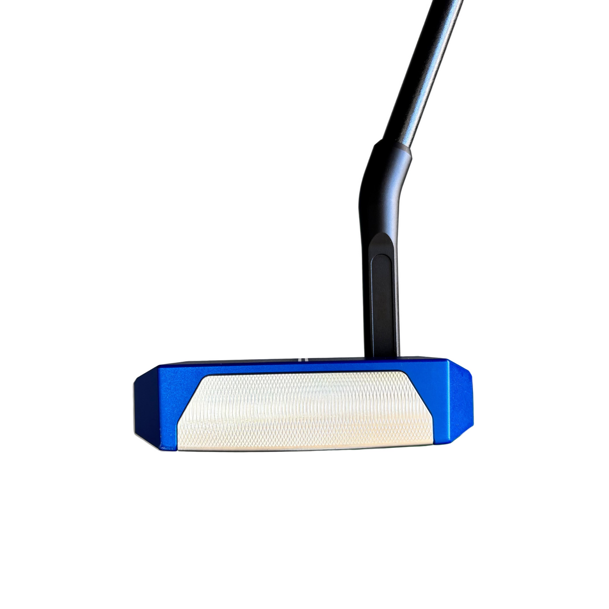 Golf putter with blue and white head on a green mat