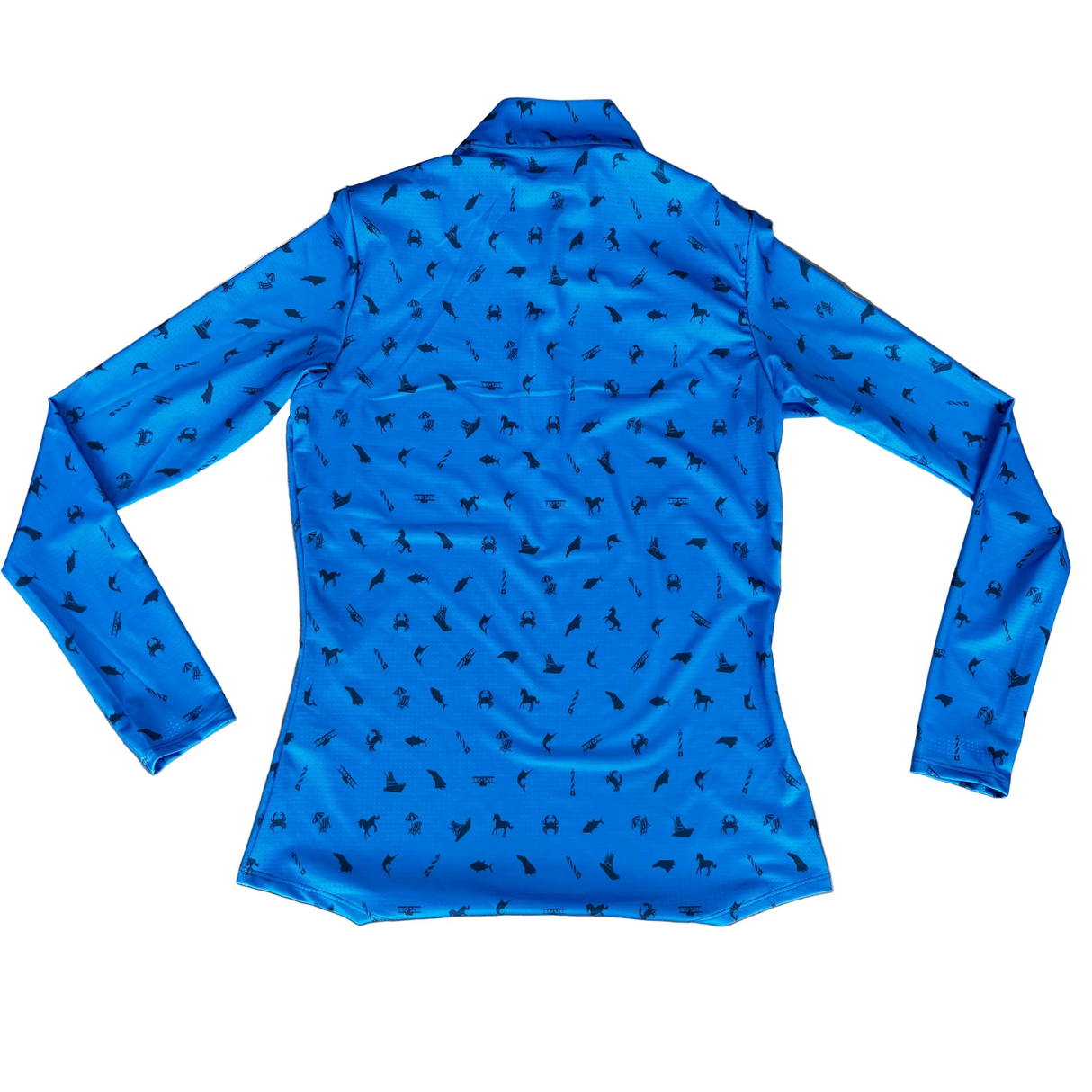 Blue long-sleeve shirt with black pattern on a gray concrete surface