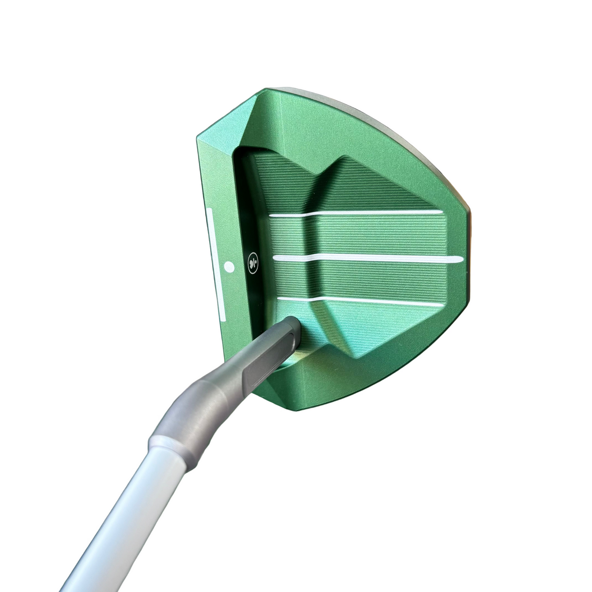 Close-up of a green golf club head with a blurred golf store background