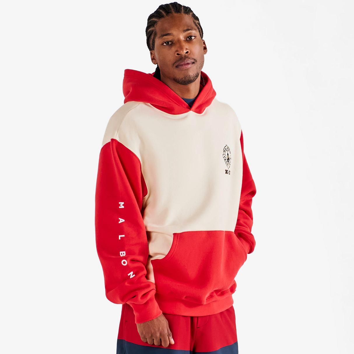 Person wearing a red and beige hoodie with 'MAL BOY' branding on a white background