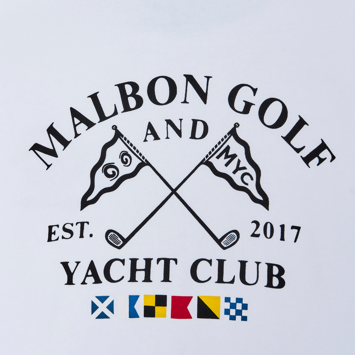 White shirt with Malbon Golf and Yacht Club logo and text on a white background
