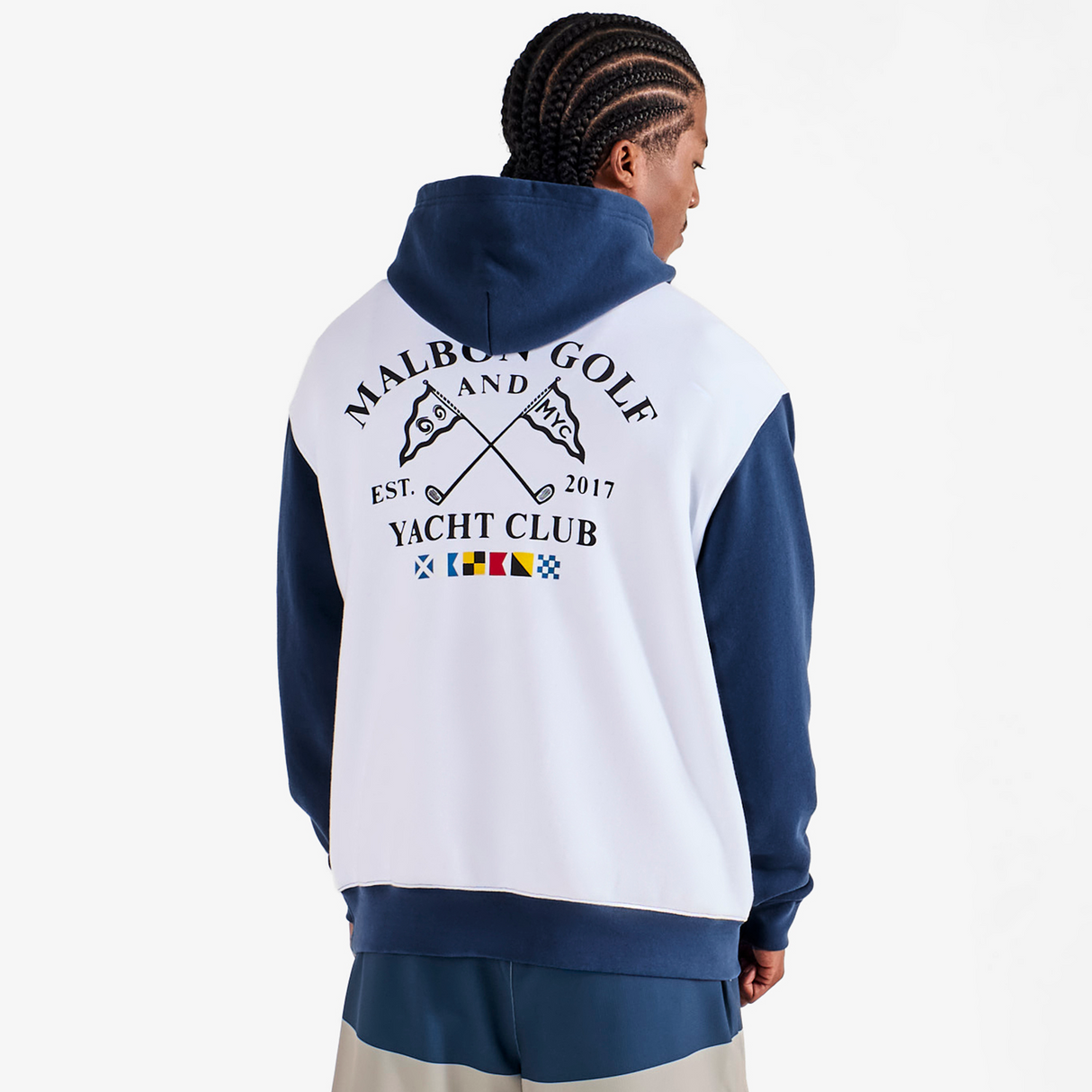 Person wearing a hoodie with 'Malbone Golf and Yacht Club' branding on a white background