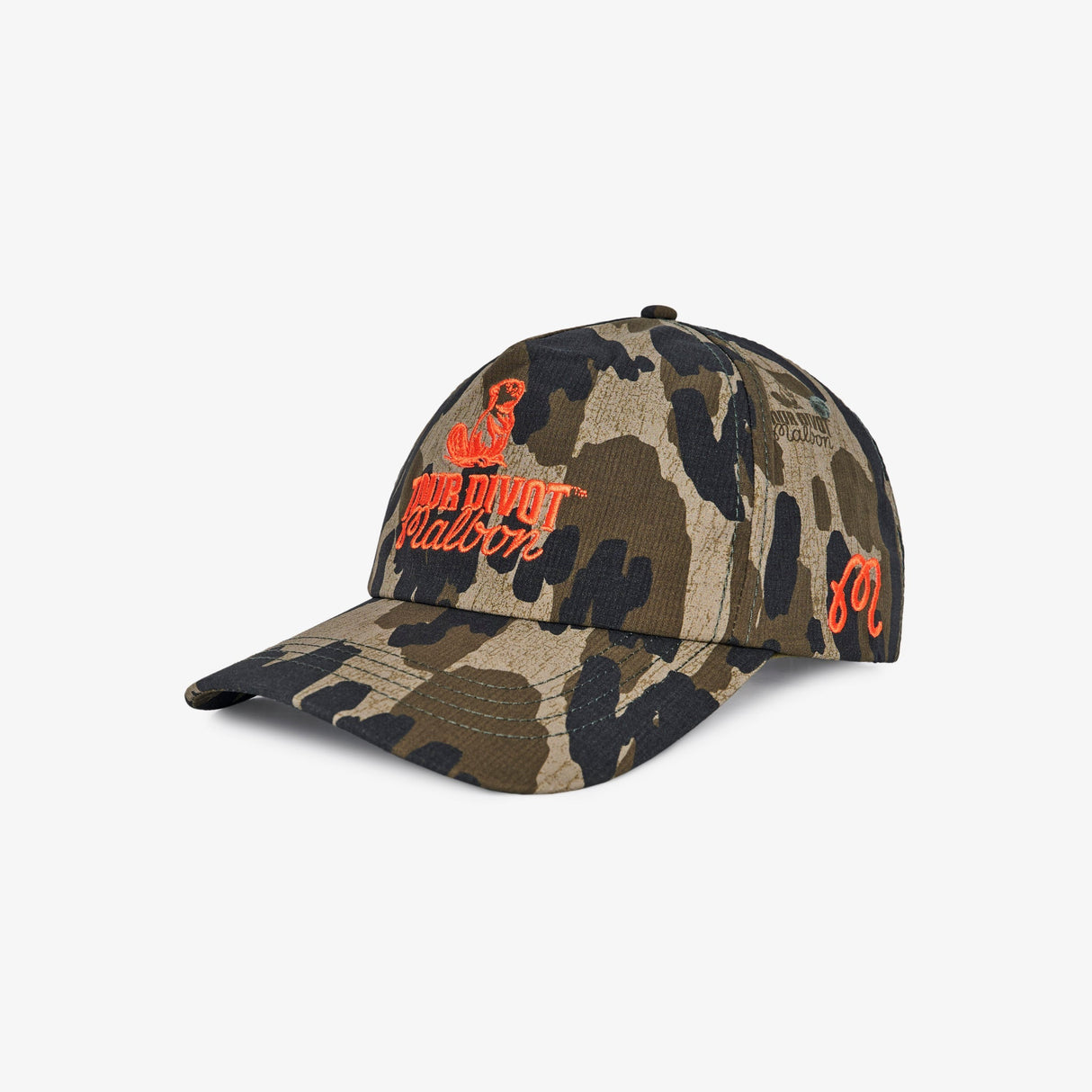 Camouflage baseball cap with orange text on a white background