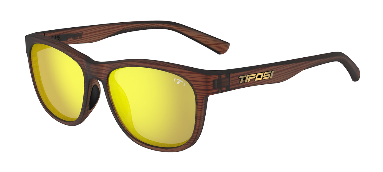 Tifosi Swank Sunglasses-Woodgrain Frame - Smoke Tint with Yellow Mirror
