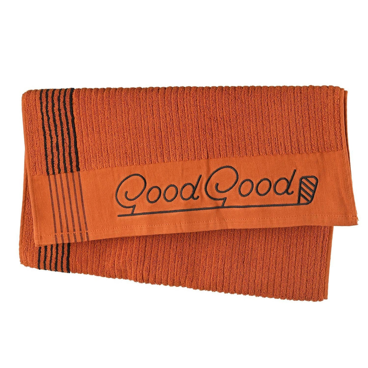 Orange towel with 'Good Good' branding on a white background