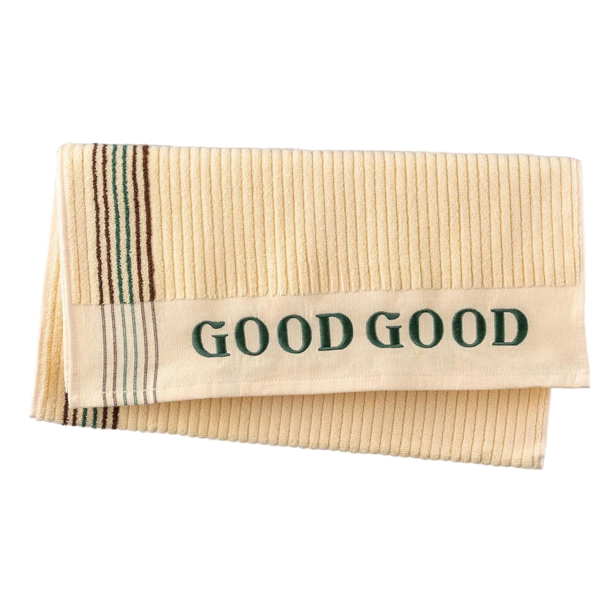Folded fabric with 'GOOD GOOD' label on a gray background