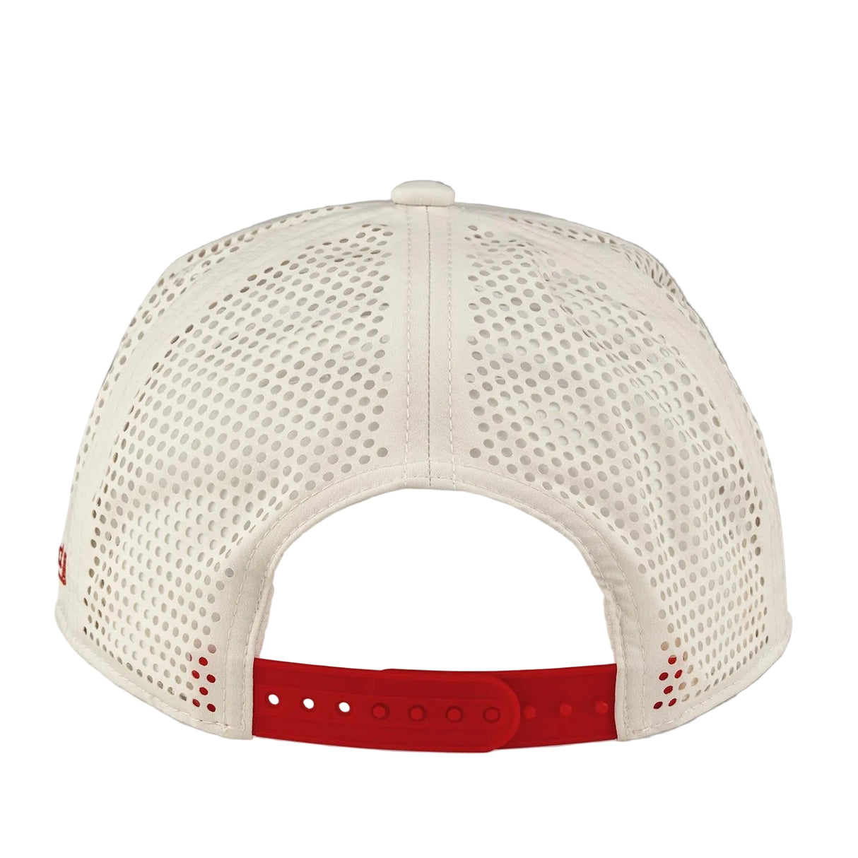 White mesh cap with red brim on a gray background
