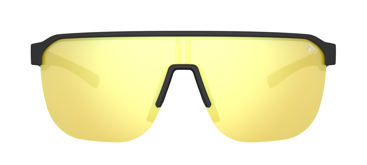 Sunglasses with yellow lenses and black frames on a white background