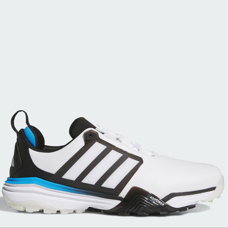 White athletic shoe with black stripes and blue accents on a light gray background