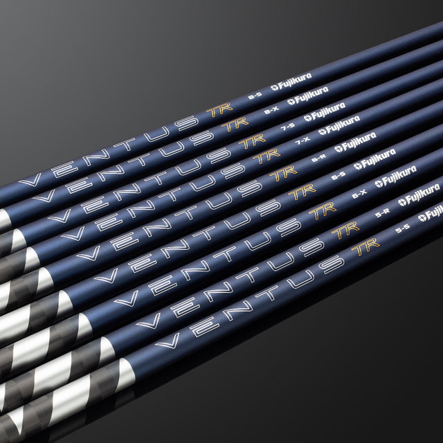 Set of golf shafts with Fujikura branding on a dark background