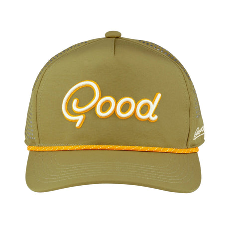 Green cap with 'Good' embroidered in yellow on a gray background