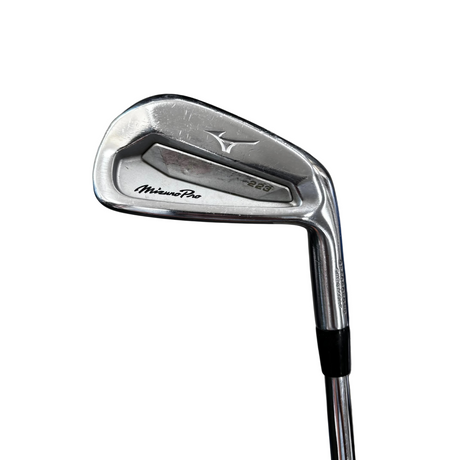 A Mizuno Mizuno Pro 269 golf iron club head shown close-up, with the Mizuno logo and model name visible on the polished metal face, photographed in what appears to be a store or workshop setting.