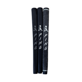 Three black golf club grips with 'PING' branding on a white background