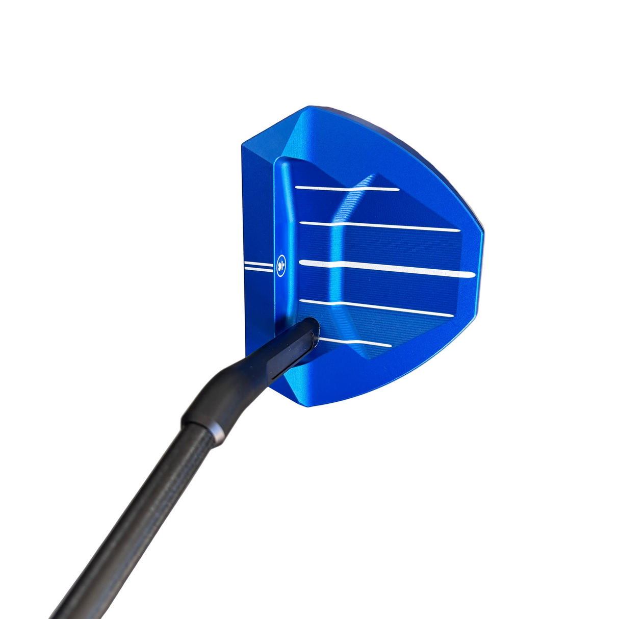 Blue putter head with a black shaft on a concrete floor.