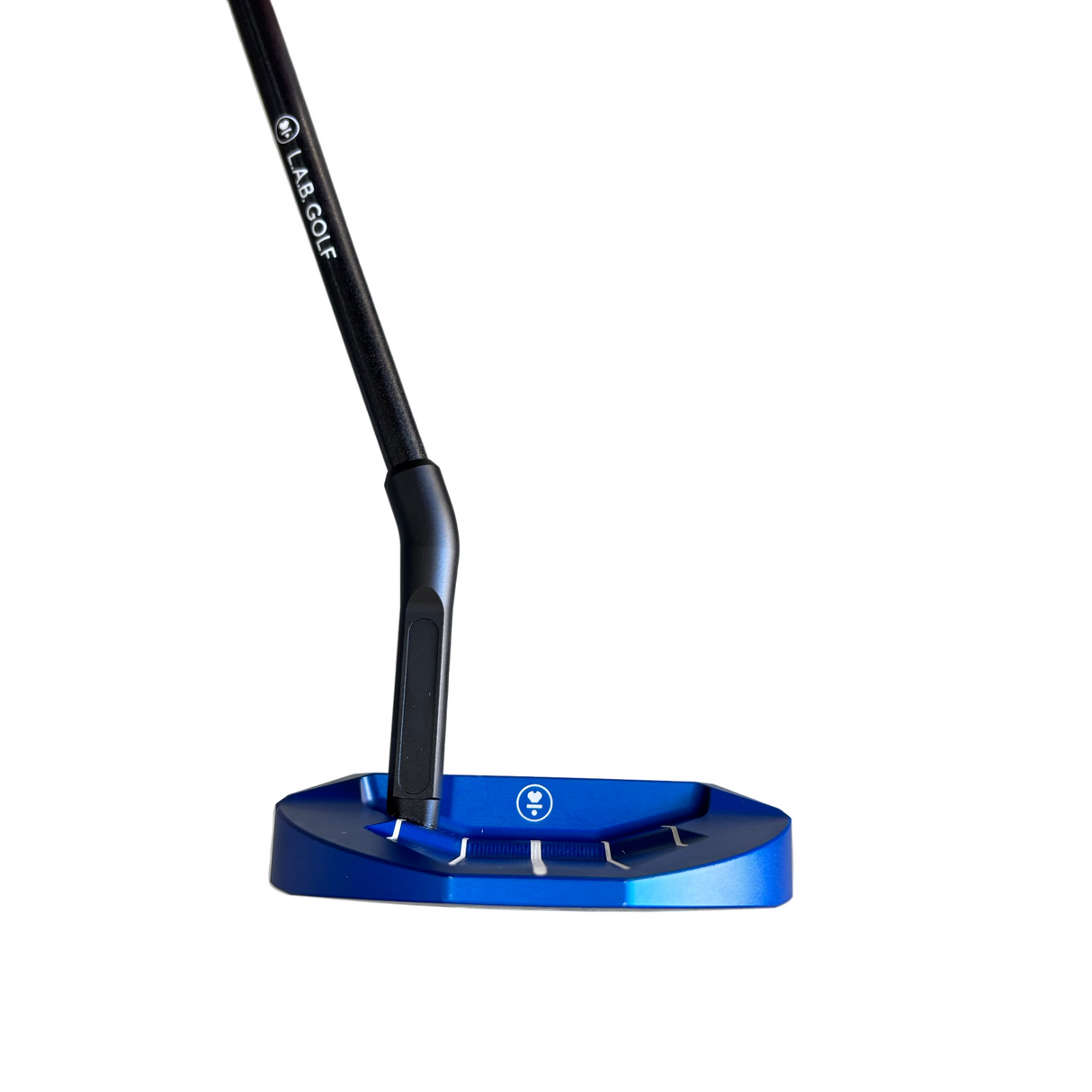 Blue golf putter head with black shaft on a gray surface