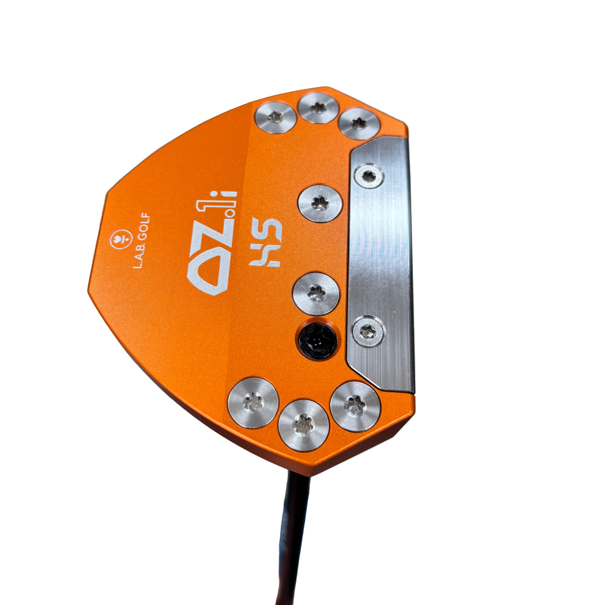 Orange and silver golf putter head with 'Lab Golf' branding on a gray floor.