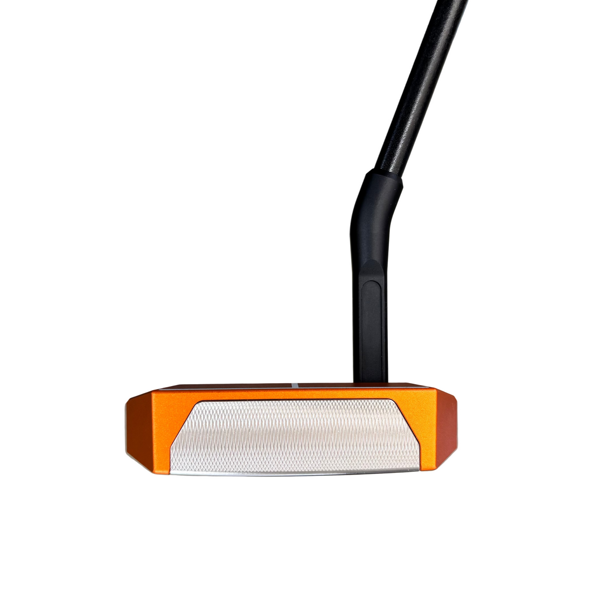 Golf putter with orange head and black shaft on a blurred background