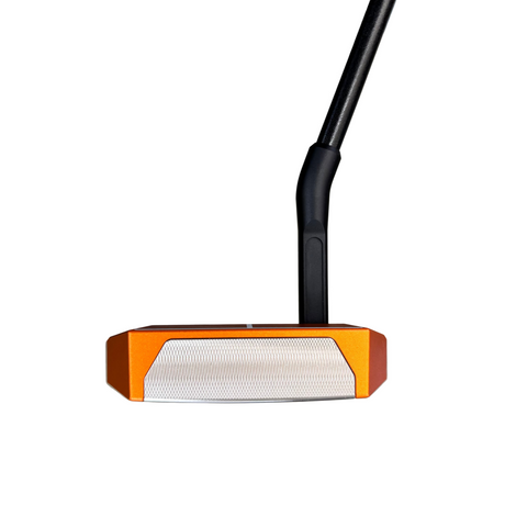 Golf putter with orange head and black shaft on a blurred background