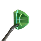 Close-up of a green golf putter head in a store setting