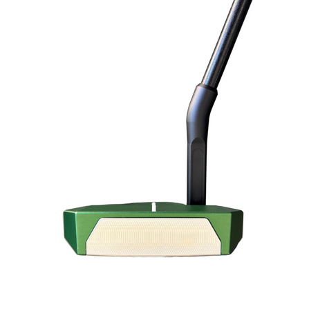 Close-up of a golf putter with a green head and black shaft on a blurred background
