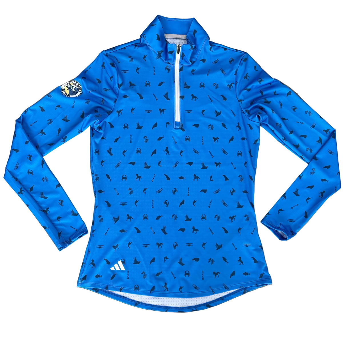 Blue long-sleeve athletic shirt with black pattern on a gray surface