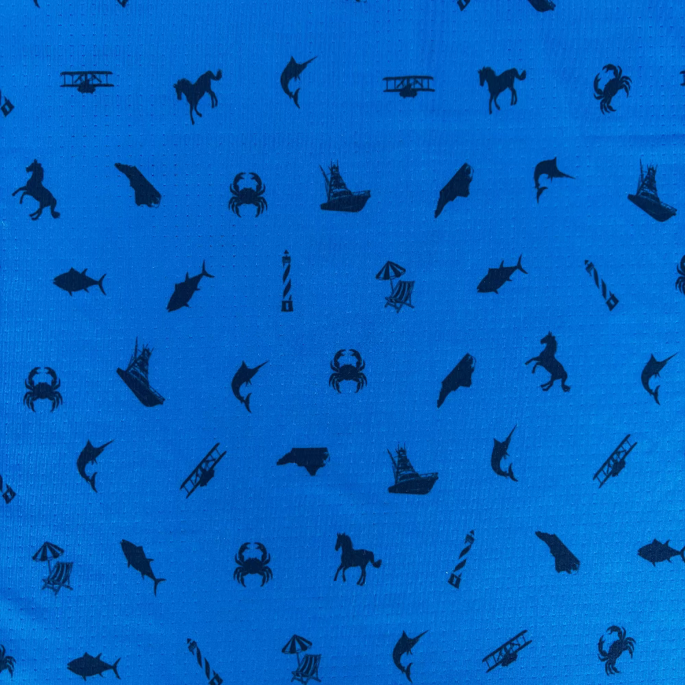 Blue fabric with black animal and object silhouettes