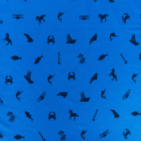 Blue fabric with black animal and object silhouettes