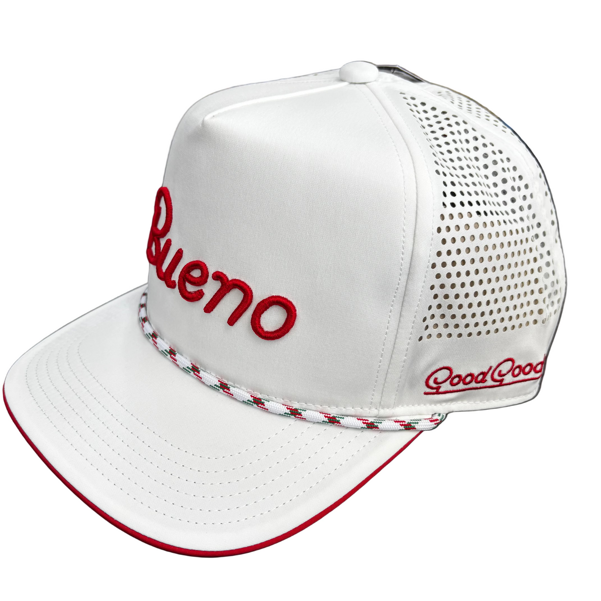 White cap with red text on a dark surface