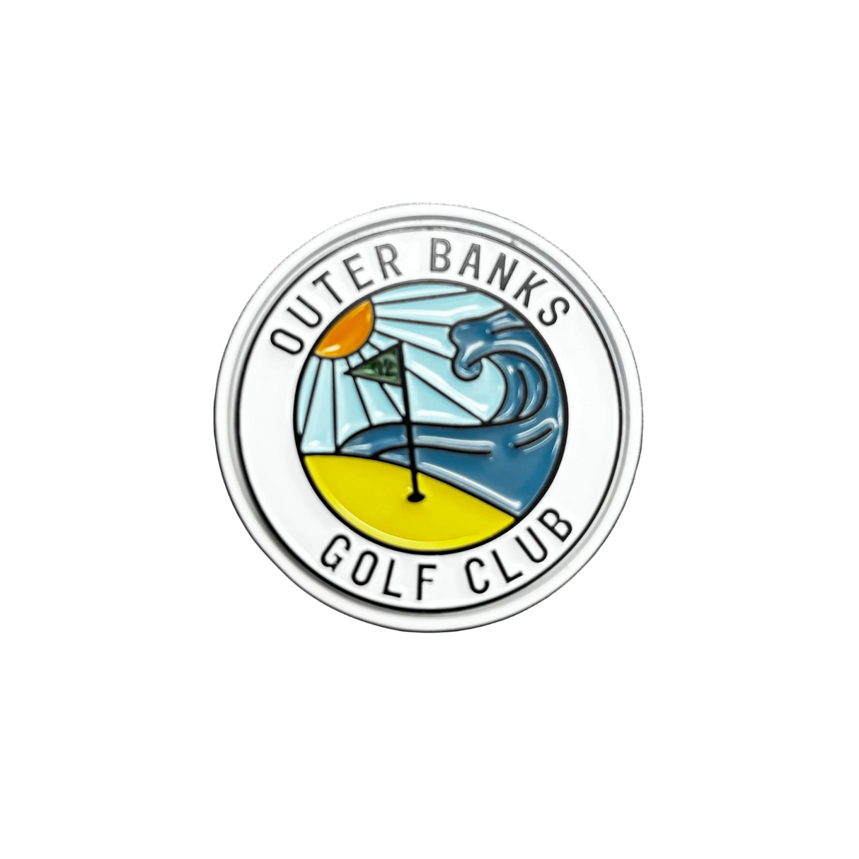 Logo of Outer Banks Golf Club on a black leather surface
