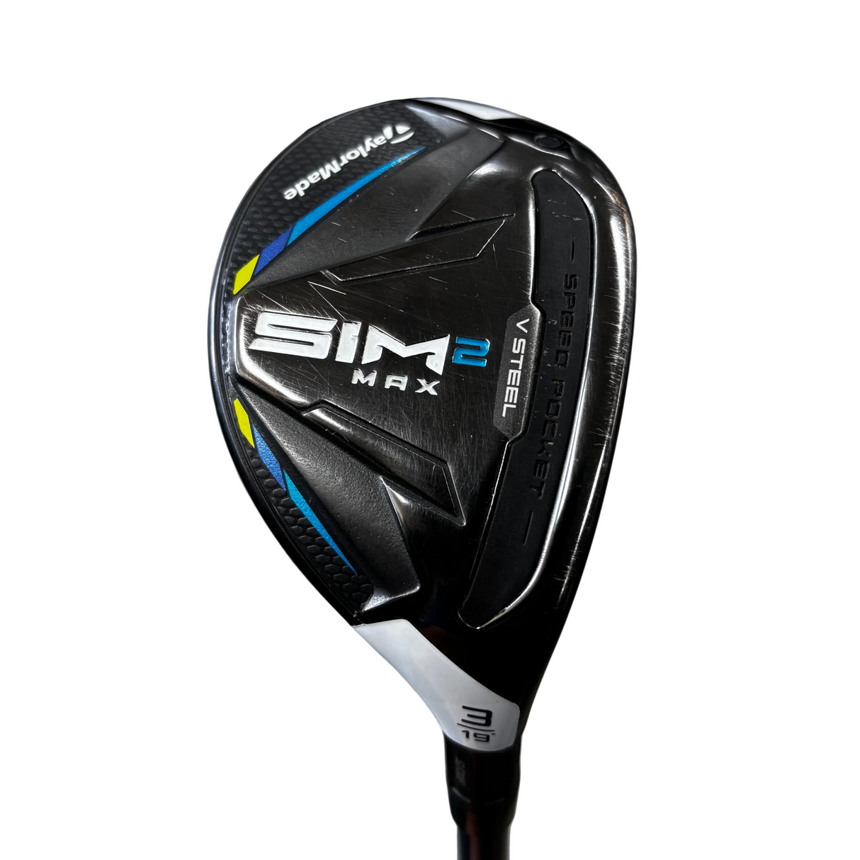 Golf club head with 'SIM MAX' branding on a blurred background