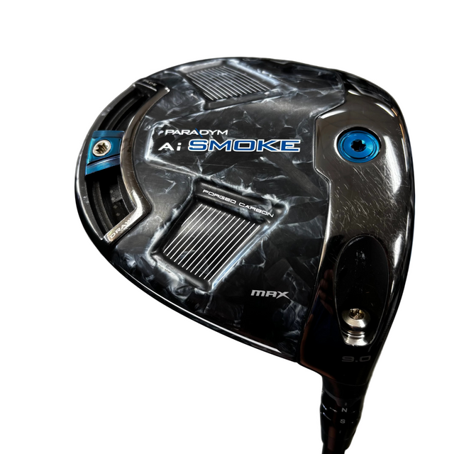 Golf club head with 'Paradym Air Smoke' branding on a blurred background
