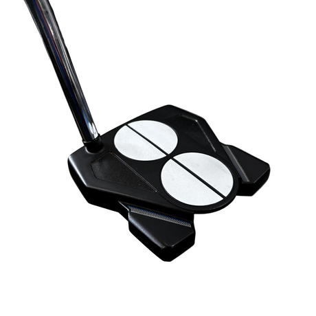 Close-up of a golf putter with dual white weights on a metallic surface.