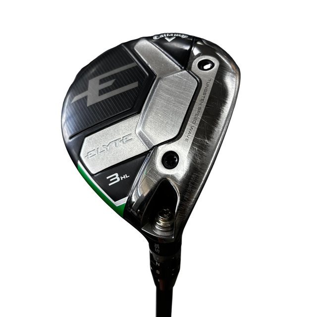 Close-up of a golf club head with 'elyte' branding on a blurred background