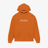 Orange hoodie with 'Malbon' branding on a white background