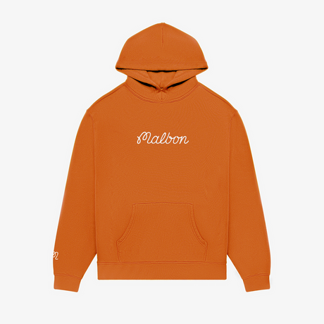 Orange hoodie with 'Malbon' branding on a white background