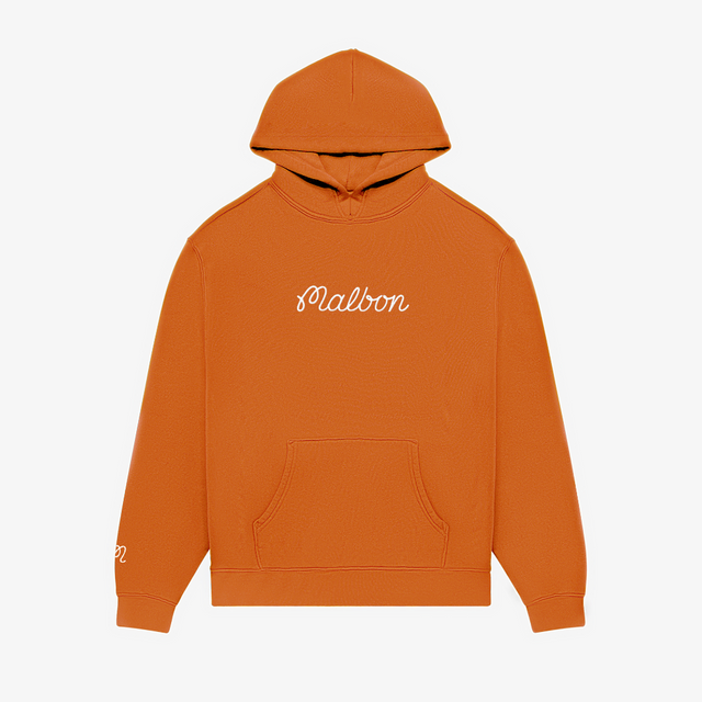 Orange hoodie with 'Malbon' branding on a white background