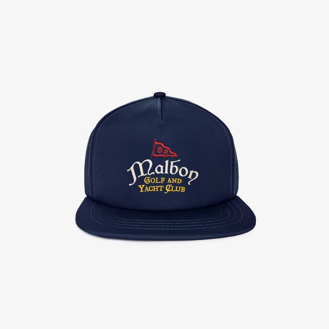 Navy blue cap with 'Malbon Golf and Yacht Club' logo on a white background
