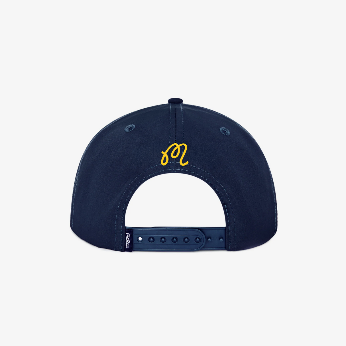 Navy blue cap with yellow logo on a light gray background