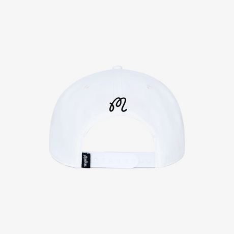 White cap with a black logo on a white background