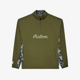 Green jacket with camouflage sleeves and 'Malbon' branding on a white background