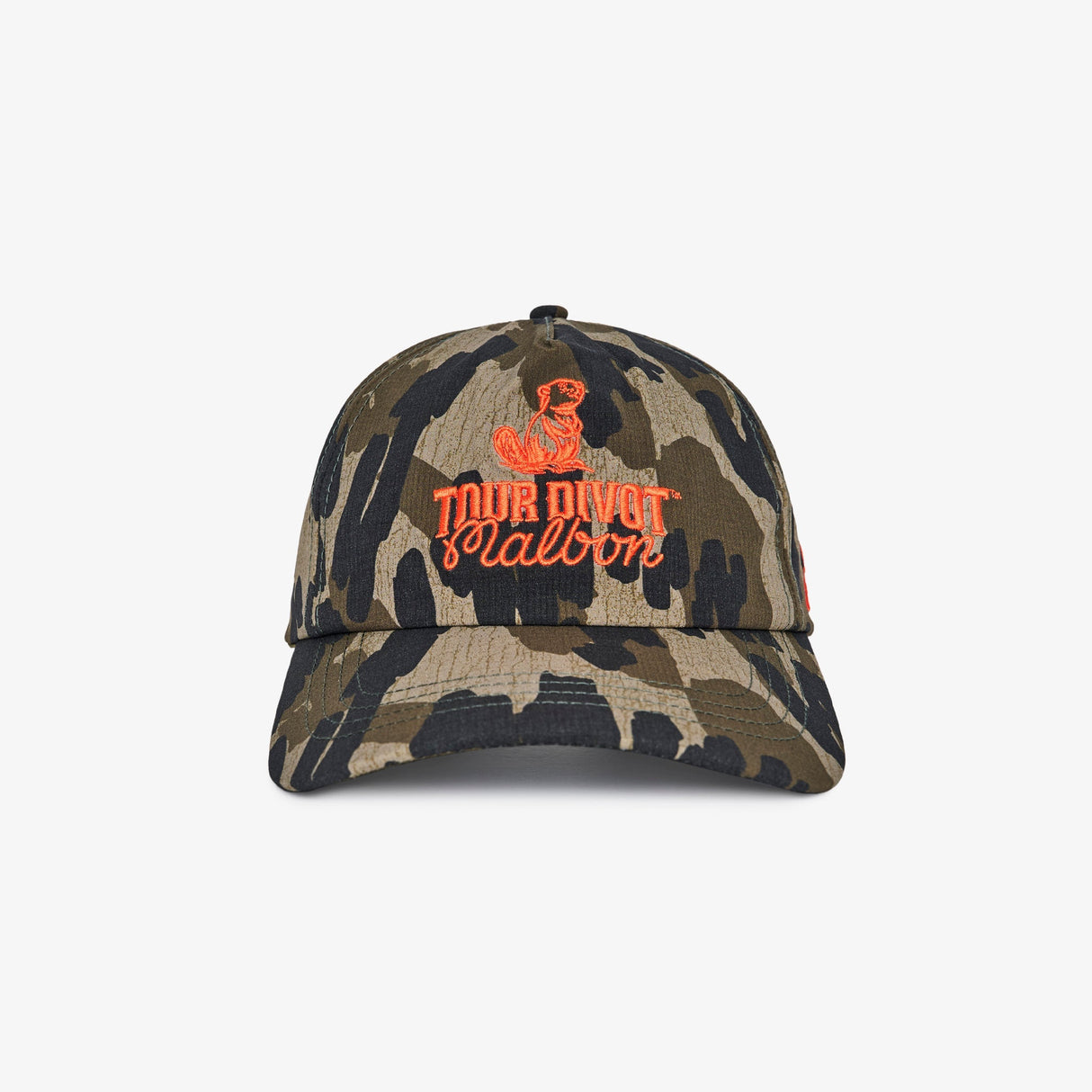 Camouflage baseball cap with orange and white text on a white background