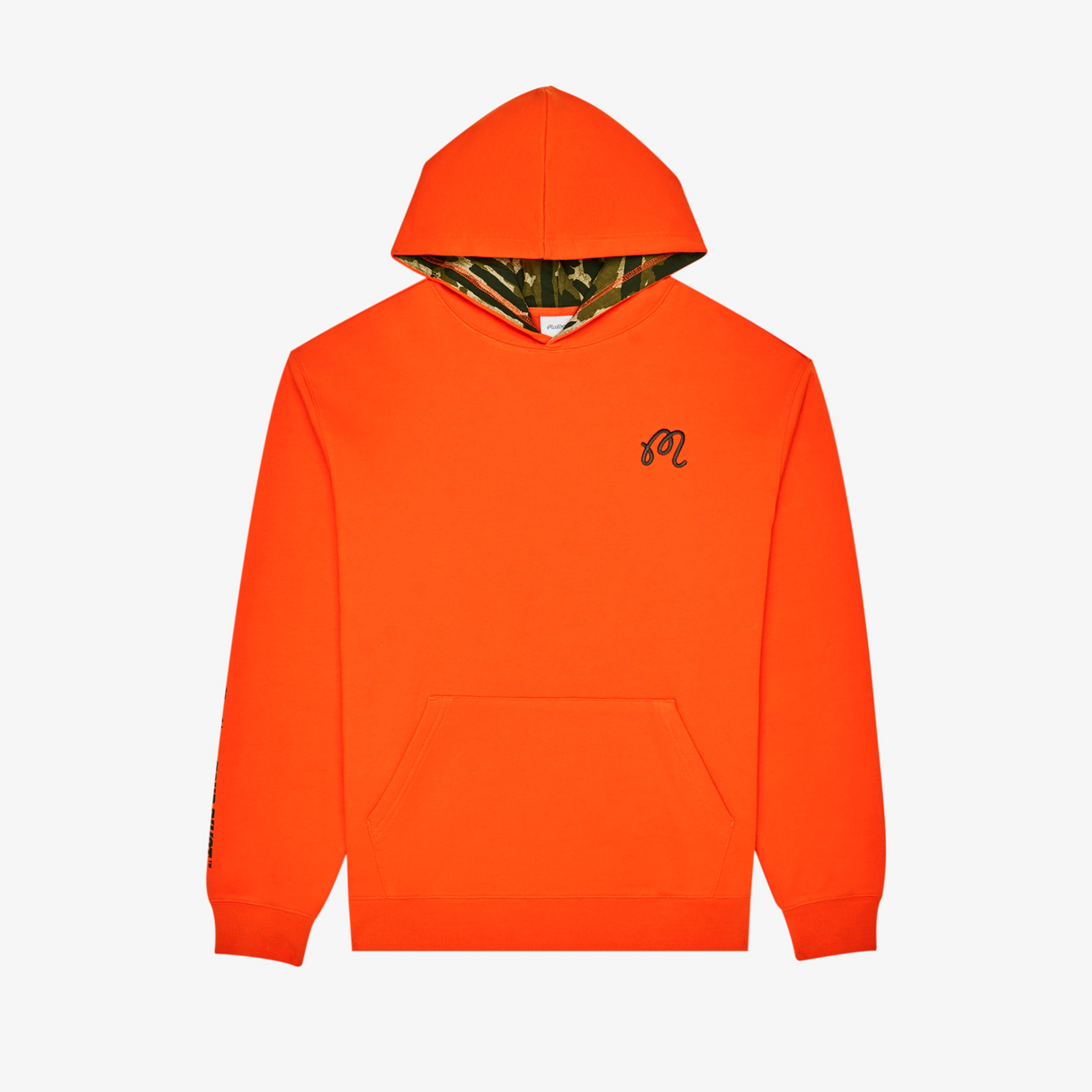 Orange hoodie with a small logo on a white background