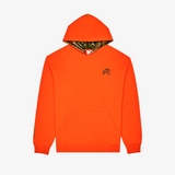 Orange hoodie with a small logo on a white background
